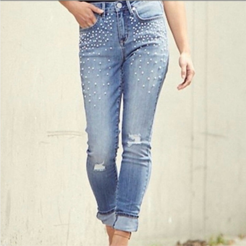 7 For All Mankind Light Blue Skinny Jeans with Pearl Accents